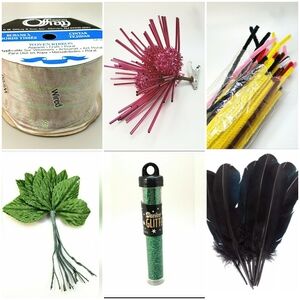 NEW Craft Bundle Floral Pipe Cleaners Wired Ribbon Feathers Glitter Art AC3